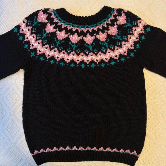 Vintage Women’s Hand Knit Crew Neck Fair Isle Tulip Sweater Black Medium Large - Picture 5 of 6